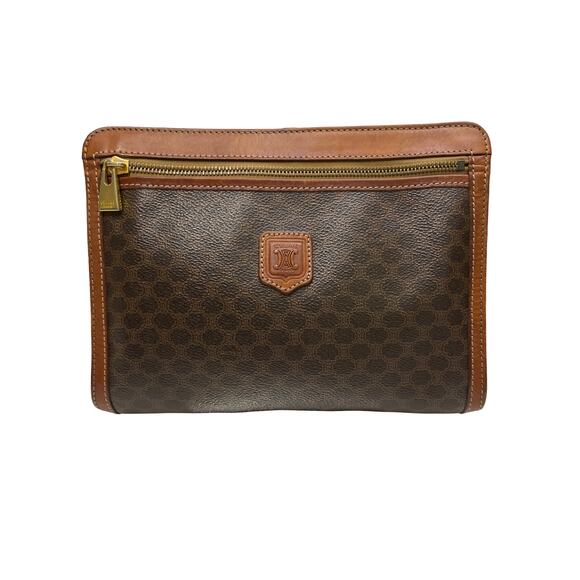 Vintage Celine Macadam Clutch Bag Brown Monogram Leather Trim Italy - Picture 1 of 13